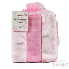MS15-P: Pink 3 Pack Muslin Squares in Gift Bag